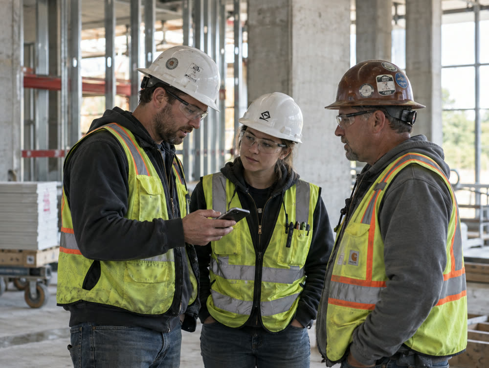 Three field leads in hard hats checking a phone together