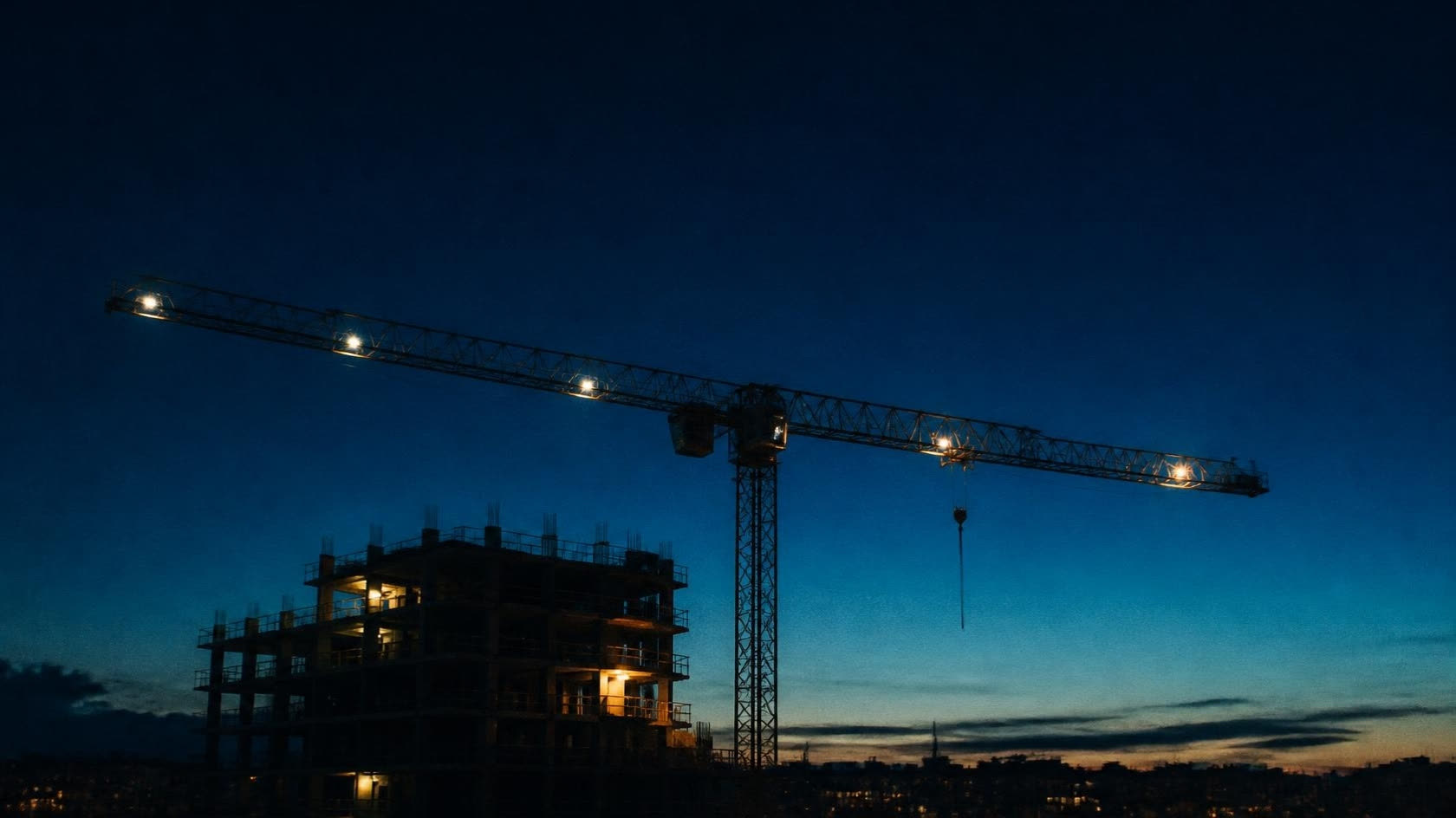 A tower crane over a building frame at blue hour, the site lights just on