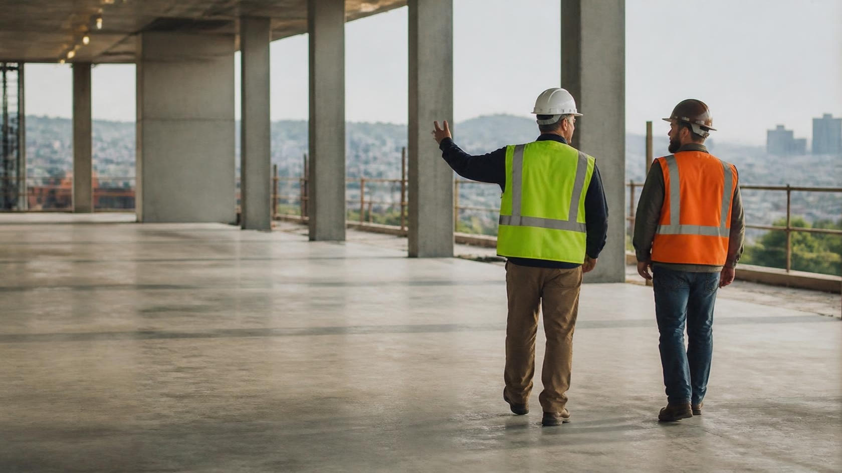 Two site leads walking an open floor plate, one pointing out toward the city