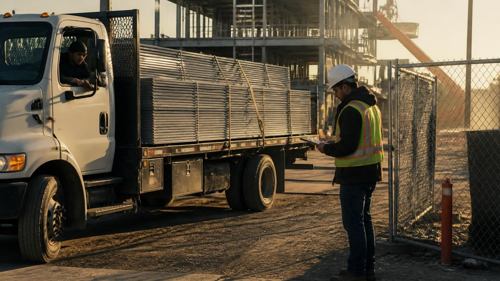 A flatbed of materials at the site gate, checked against the paperwork