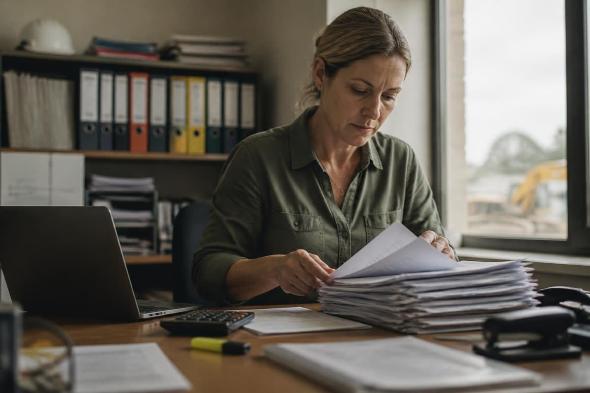 A project administrator working through stacks of paperwork at her desk