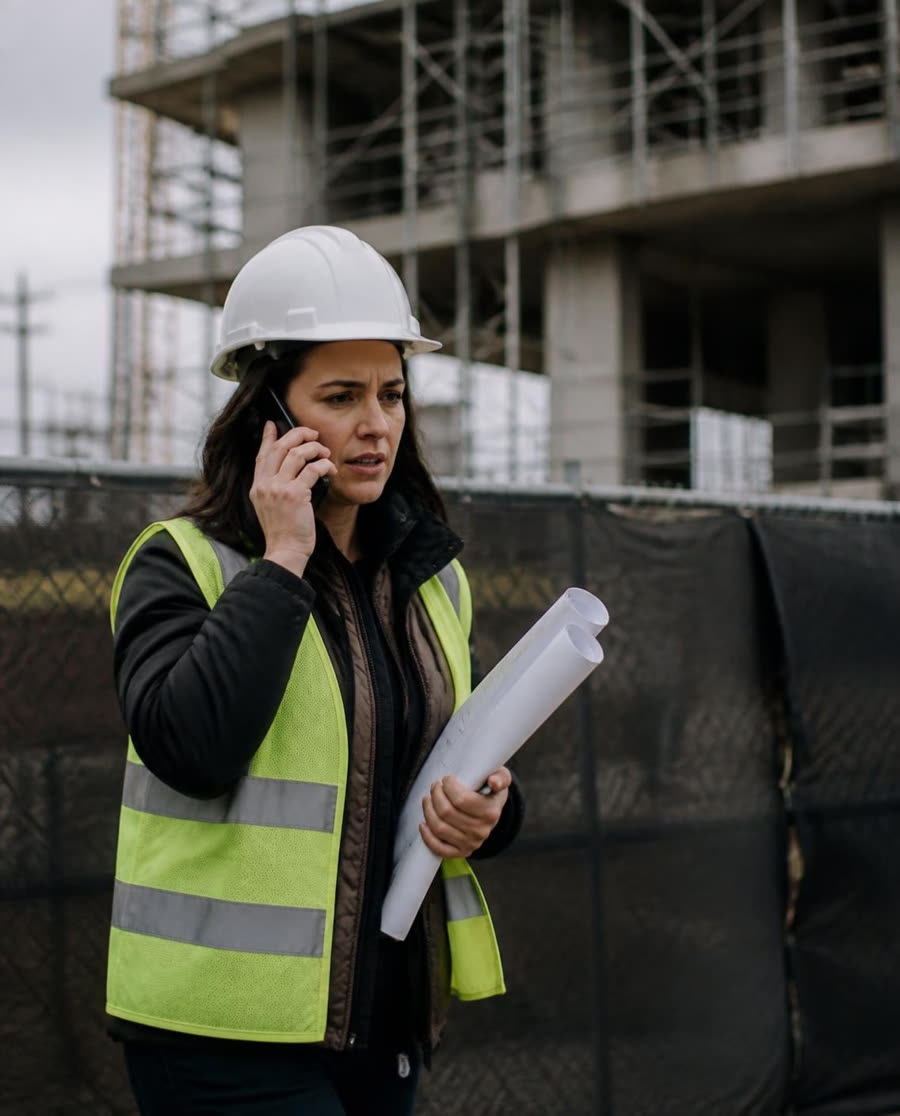 A site engineer on a call, drawings under her arm