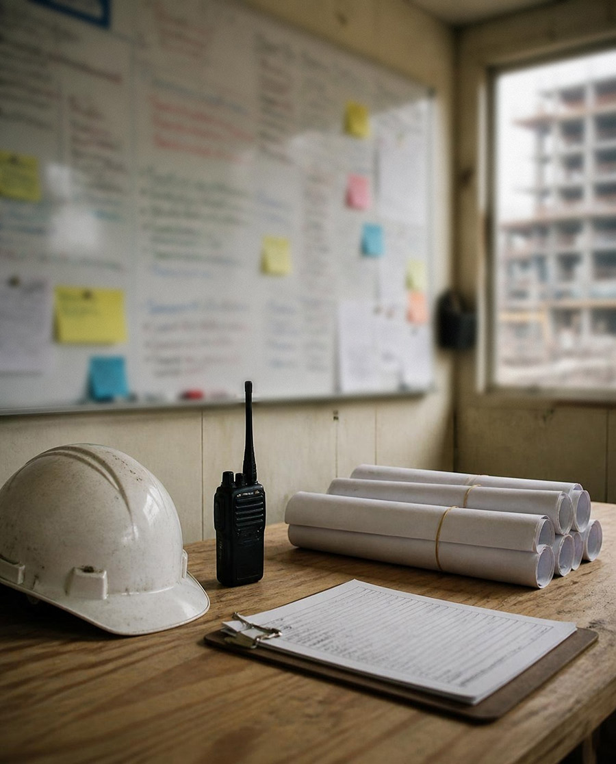 A site trailer: a whiteboard of tasks, a hard hat and a radio on the desk