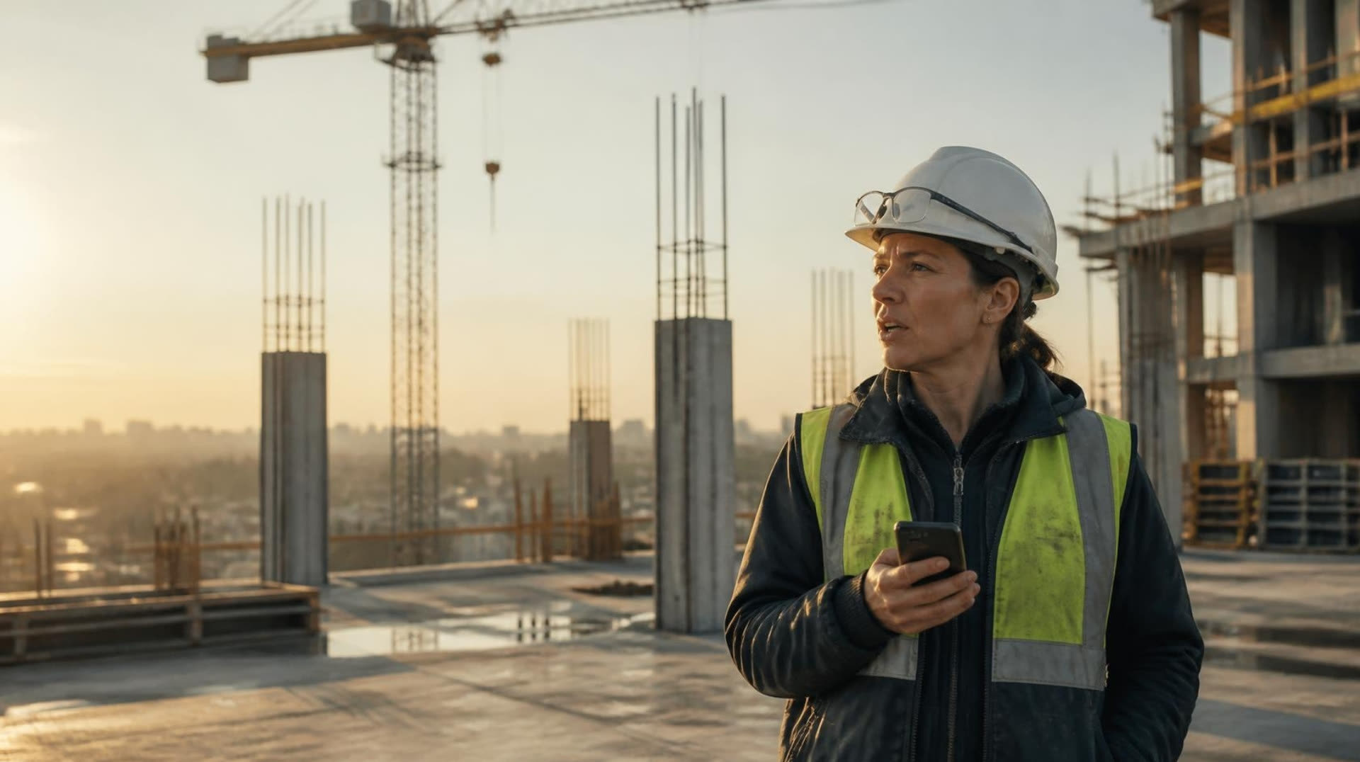 A superintendent on a concrete deck at sunrise, phone in hand