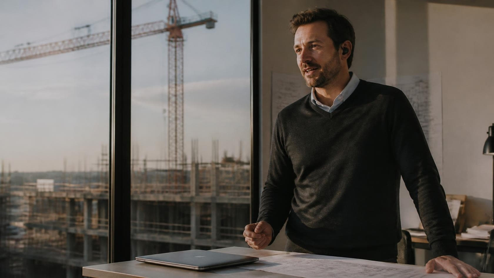 A project manager at the window of a site office