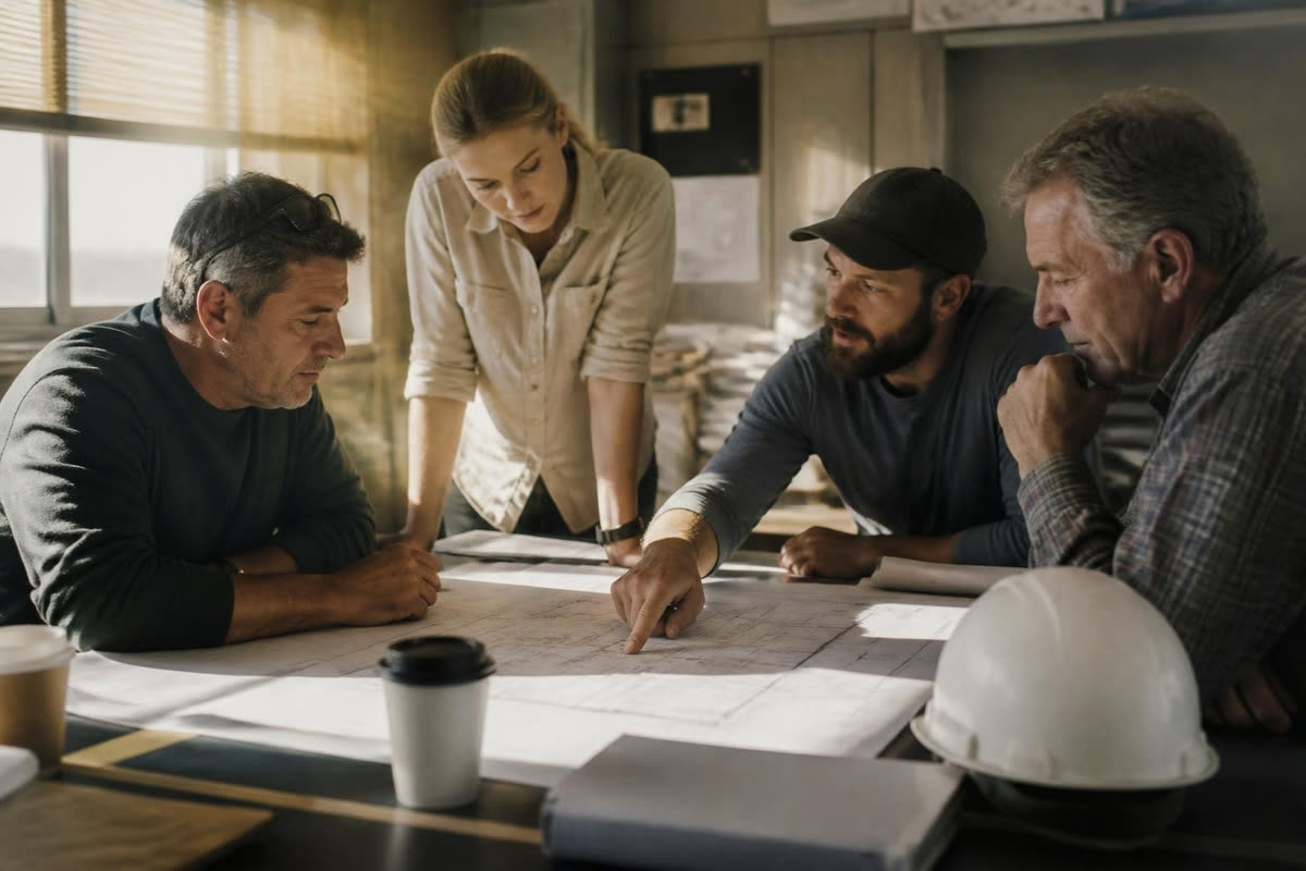 A site team around a table of drawings, a hard hat beside the coffee